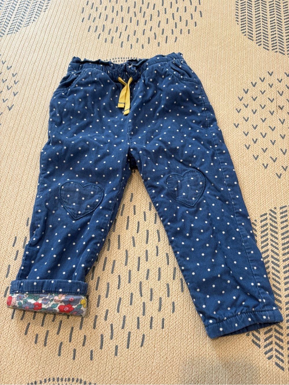 Mini Boden Navy Polka Dot Corduroy Pants with Yellow Drawstring
